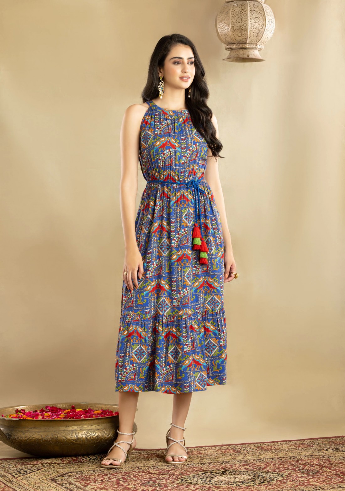 Ethnic Print Rayon Halter Neck Midi Dress