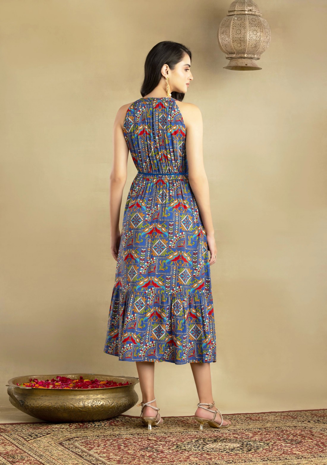 Ethnic Print Rayon Halter Neck Midi Dress