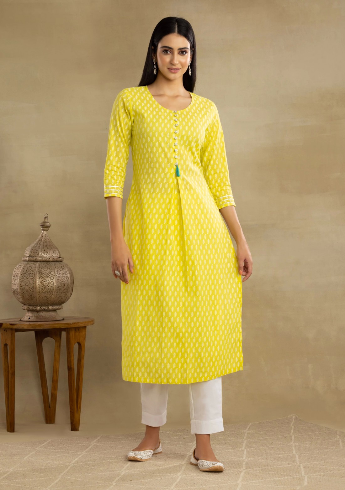 Lime Yellow Cotton Printed Kurta