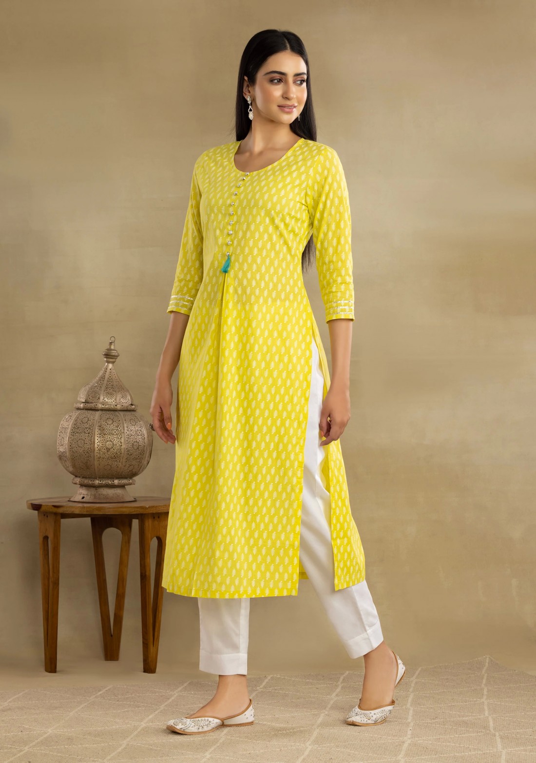 Lime Yellow Cotton Printed Kurta