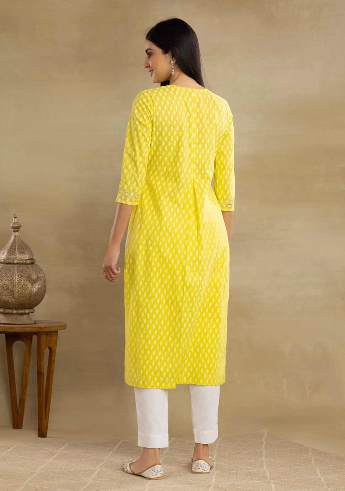 Lime Yellow Cotton Printed Kurta