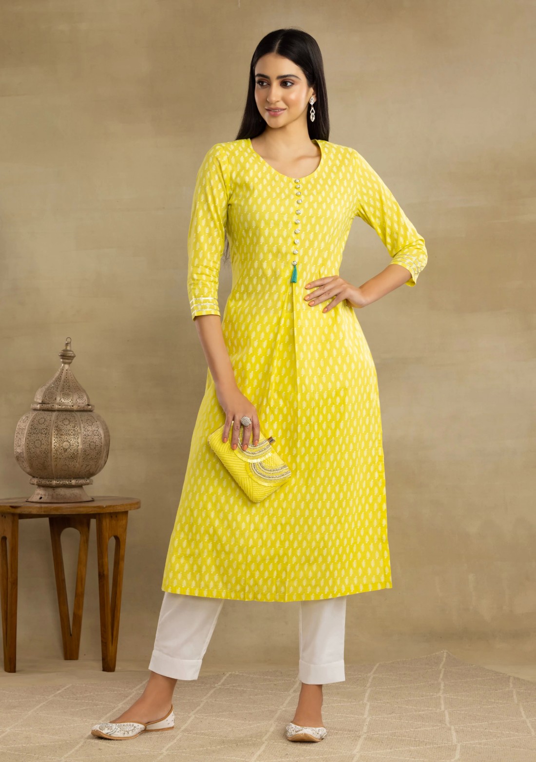 Lime Yellow Cotton Printed Kurta