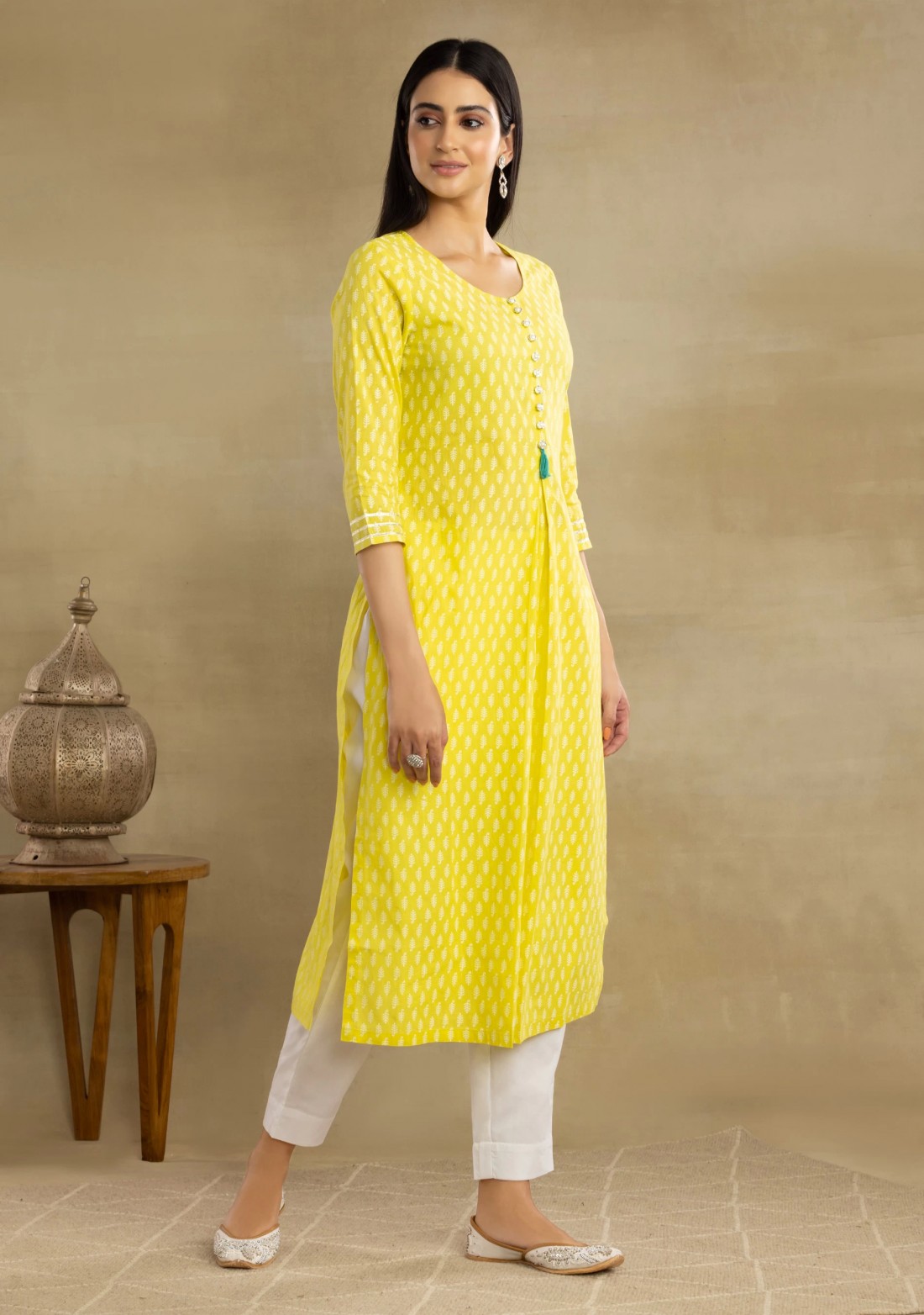 Lime Yellow Cotton Printed Kurta