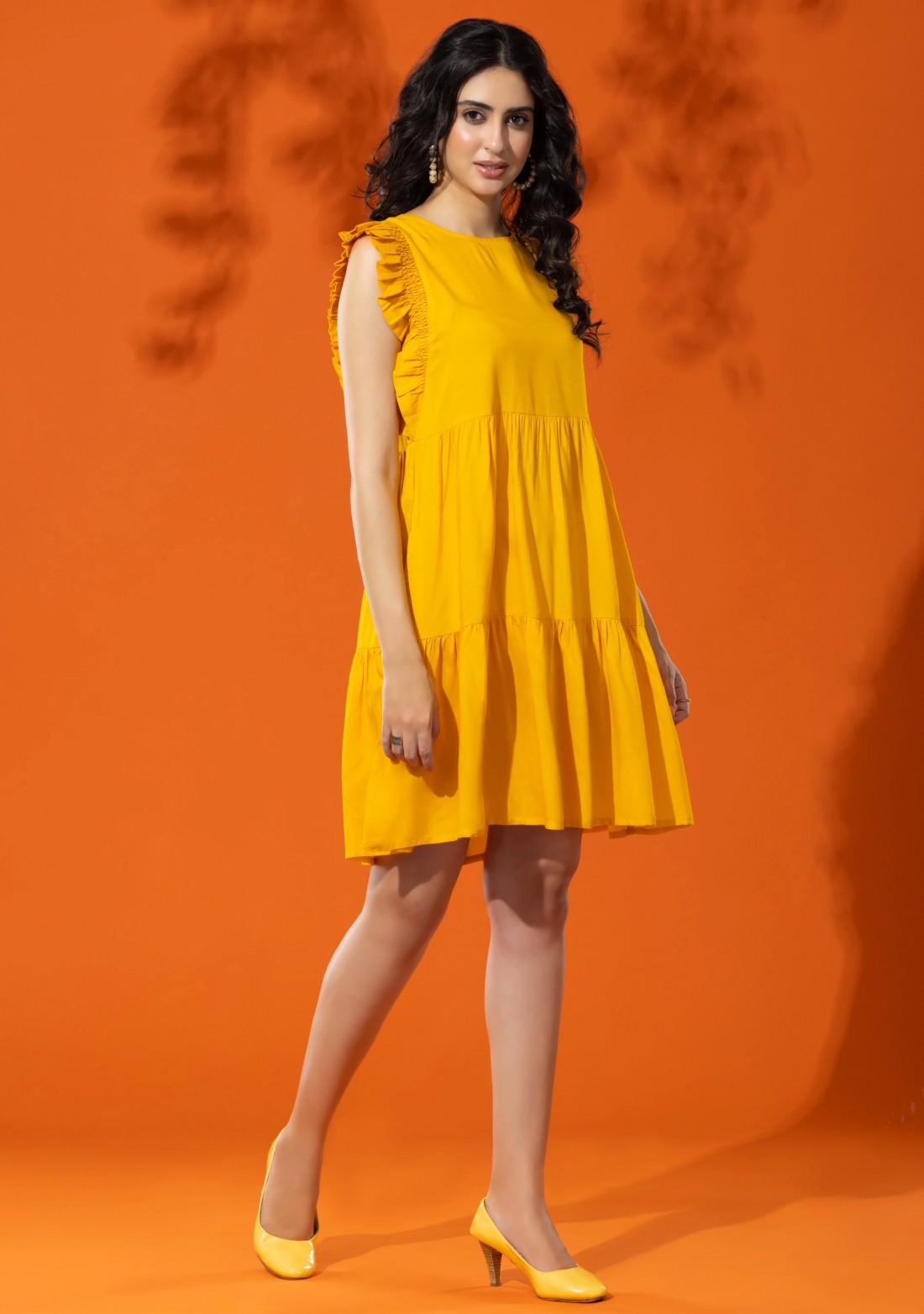 Yellow Rayon Loose Fit Tiered Mini Dress