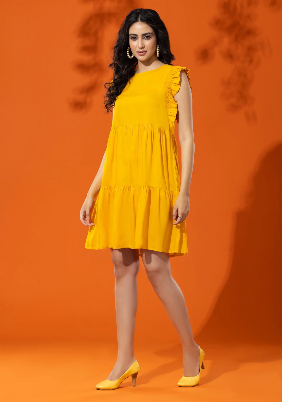 Yellow Rayon Loose Fit Tiered Mini Dress