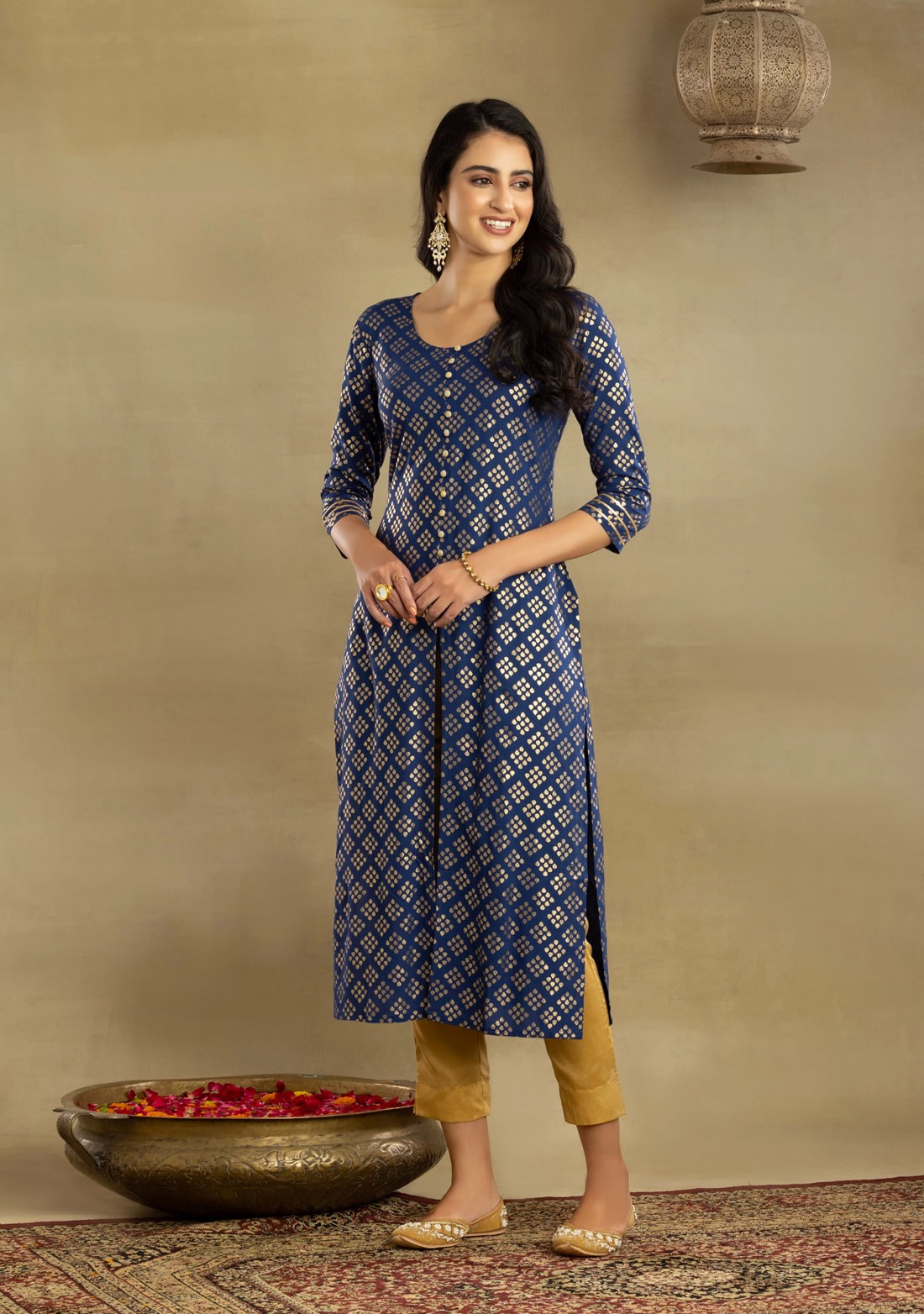 Royal Blue Motif Printed Straight Centre Open Rayon Kurta