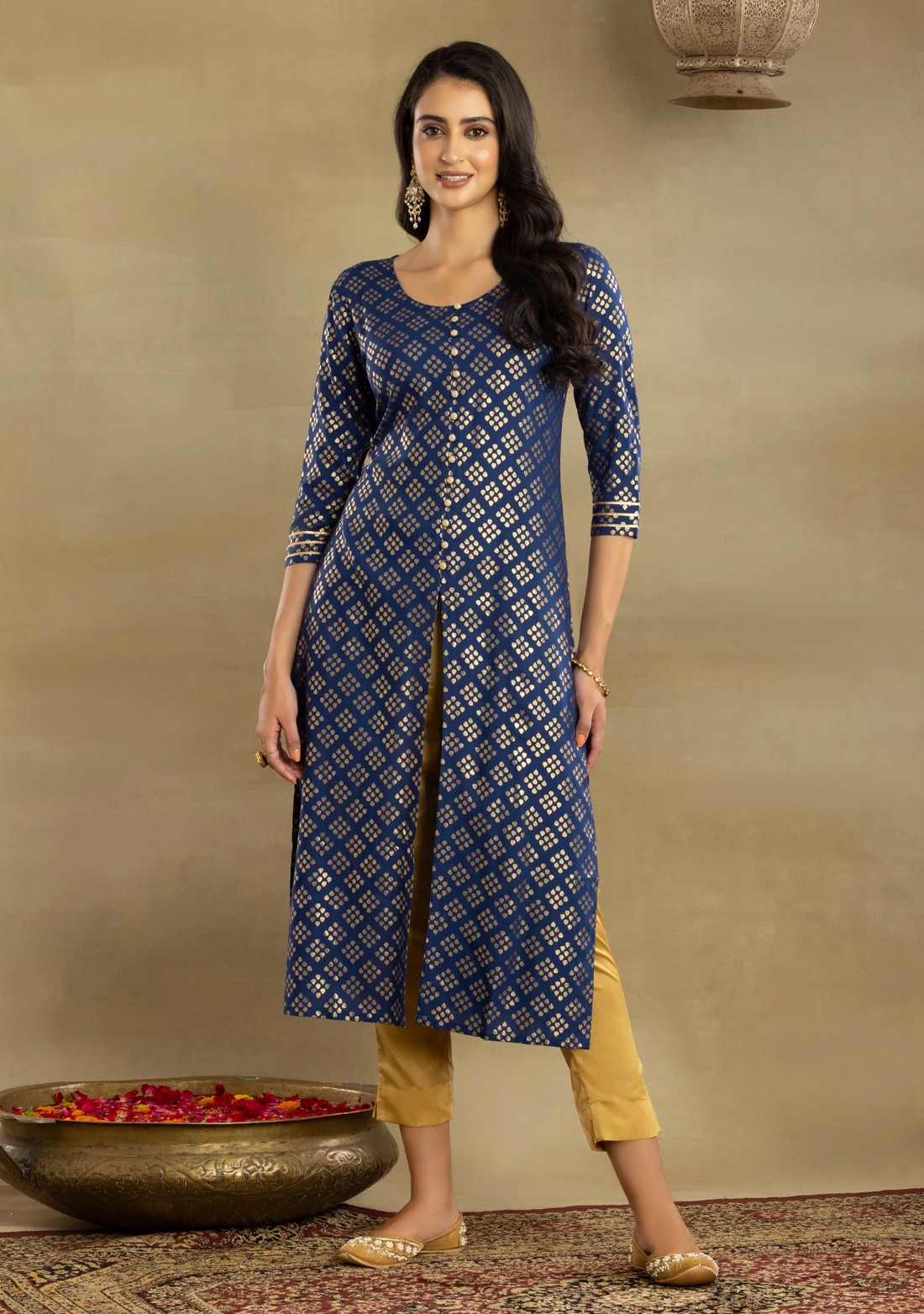 Royal Blue Motif Printed Straight Centre Open Rayon Kurta