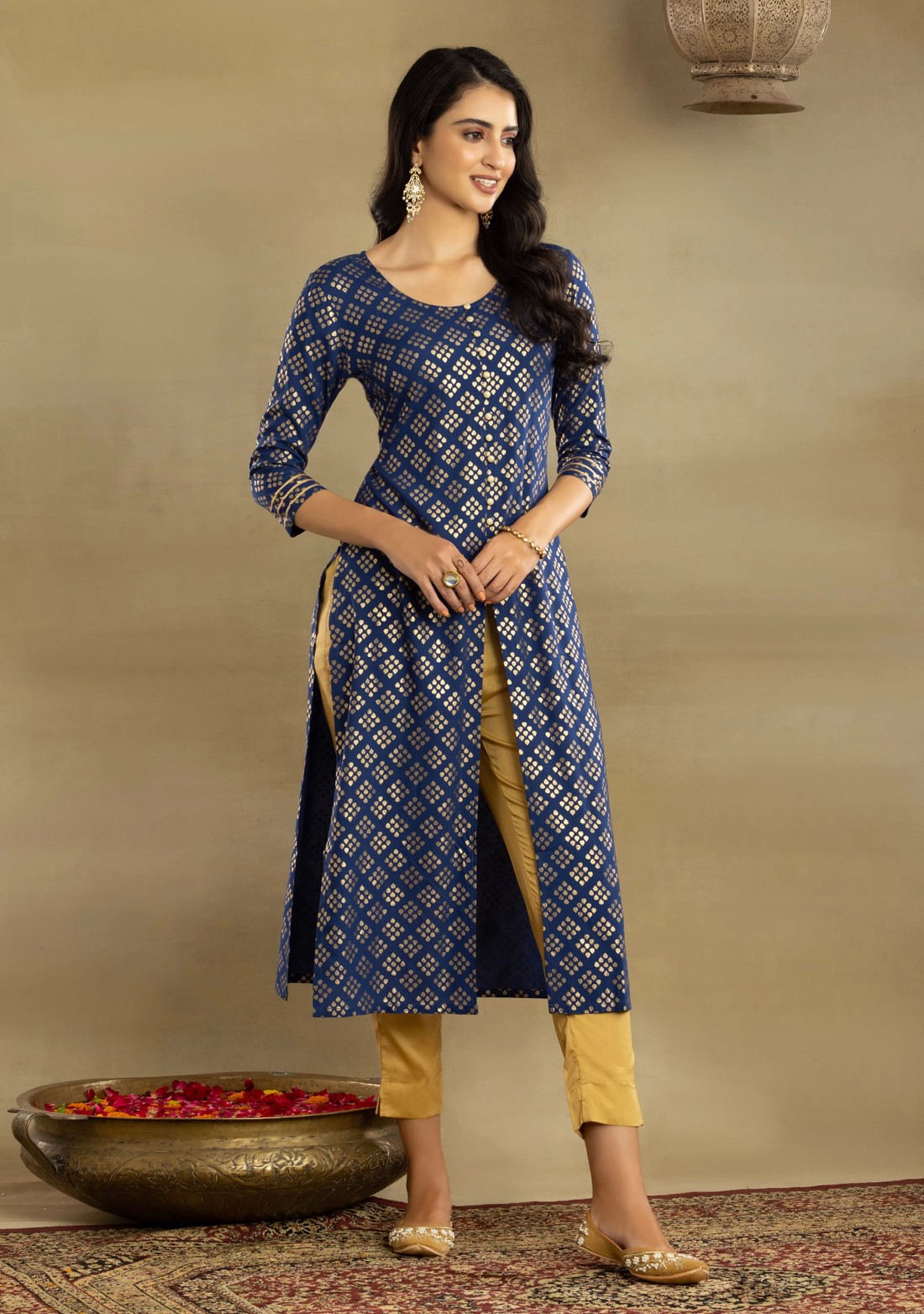 Royal Blue Motif Printed Straight Centre Open Rayon Kurta