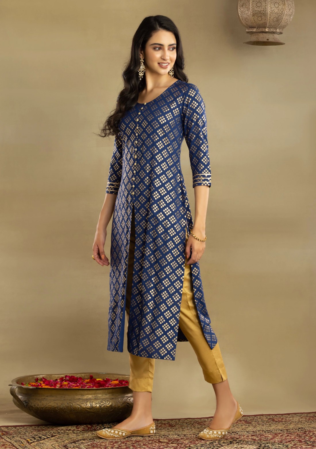 Royal Blue Motif Printed Straight Centre Open Rayon Kurta