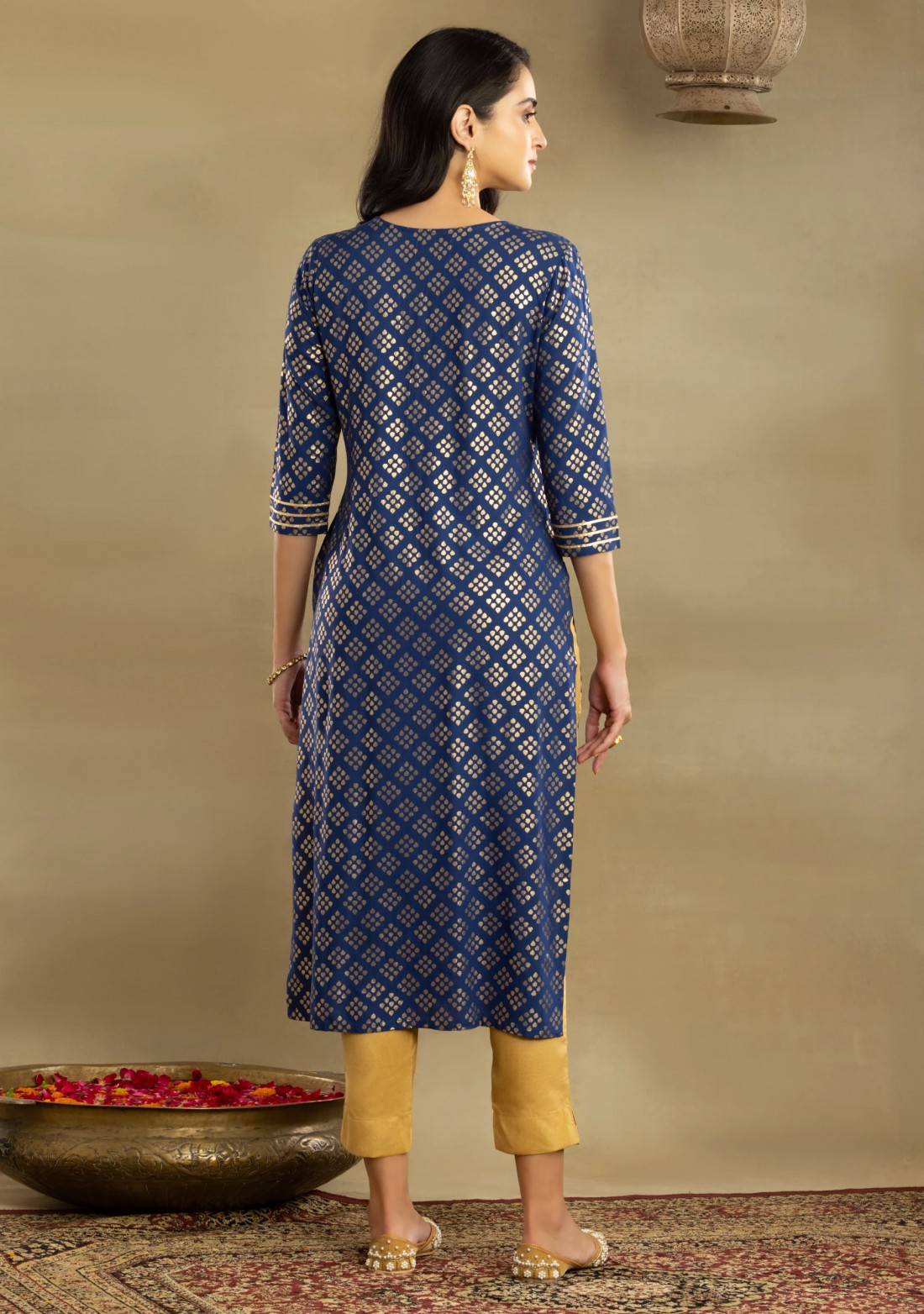 Royal Blue Motif Printed Straight Centre Open Rayon Kurta