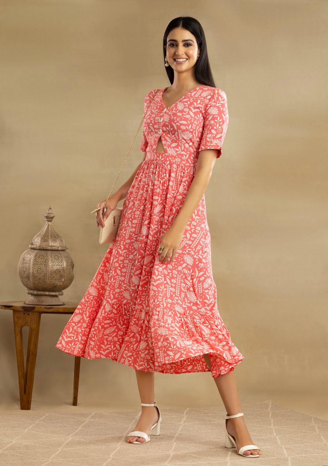 Printed Light Coral Gathered Rayon Dress