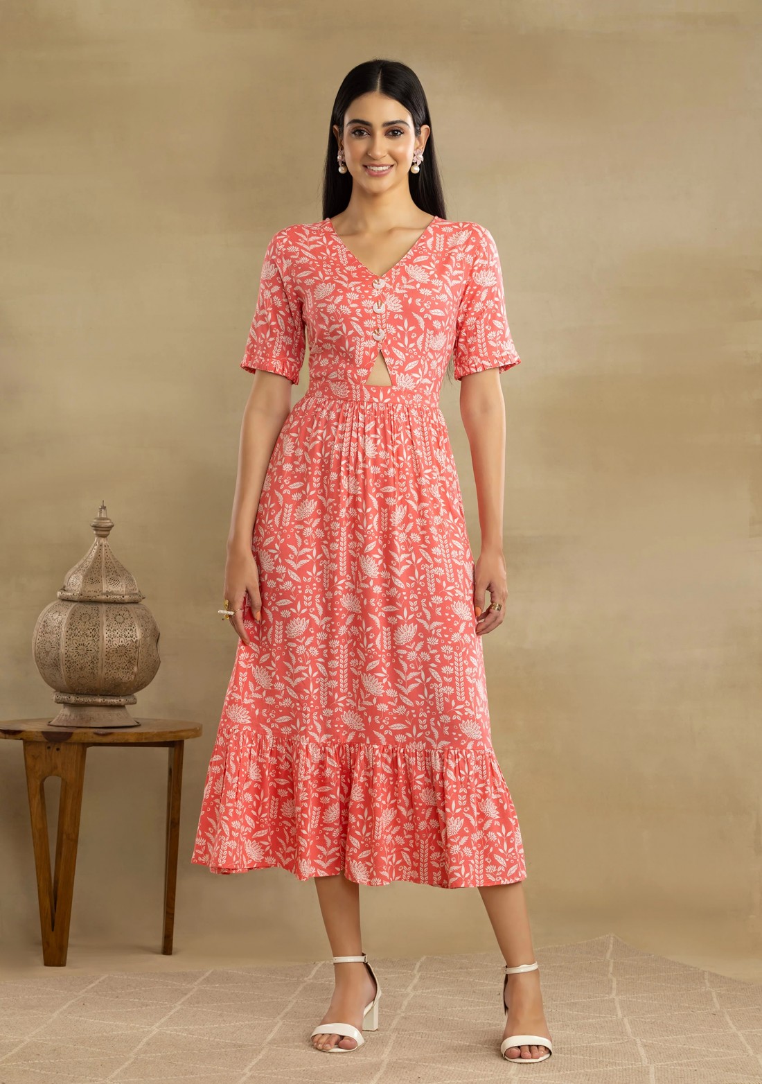 Printed Light Coral Gathered Rayon Dress