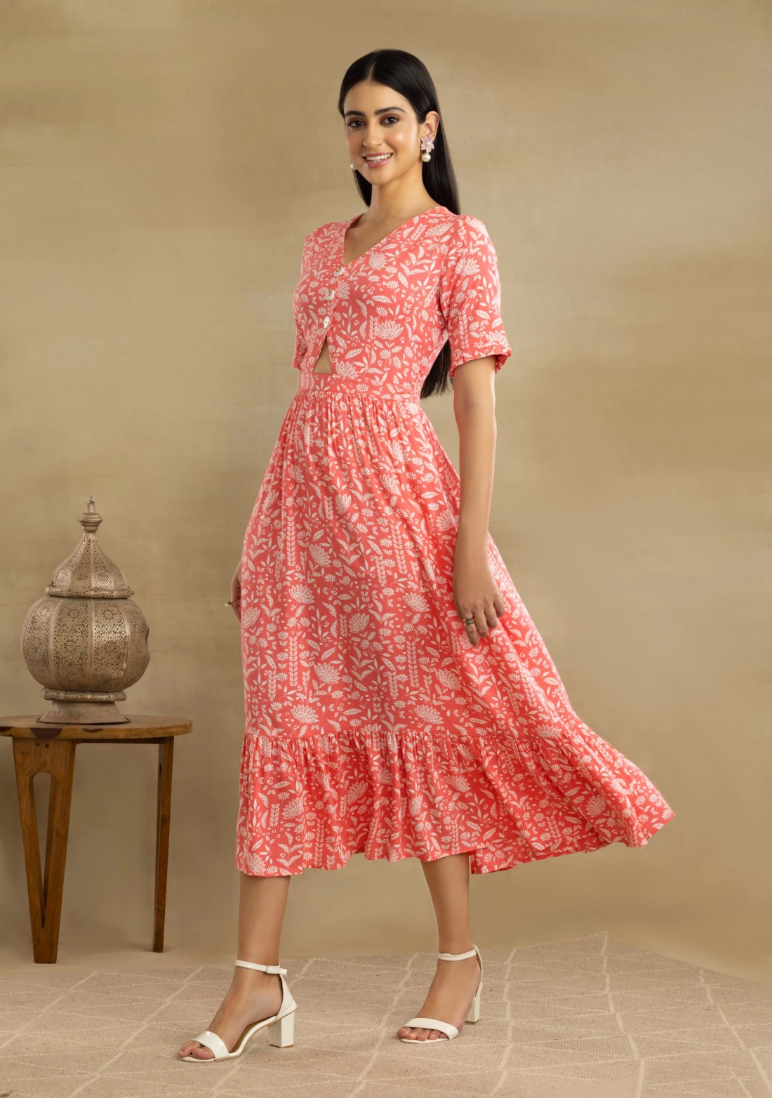 Printed Light Coral Gathered Rayon Dress