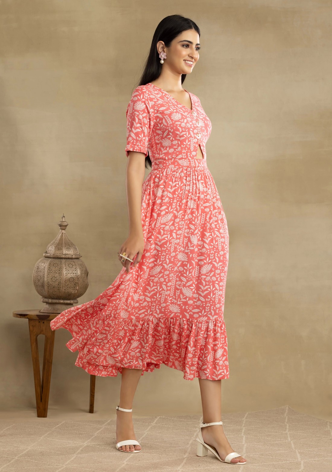 Printed Light Coral Gathered Rayon Dress