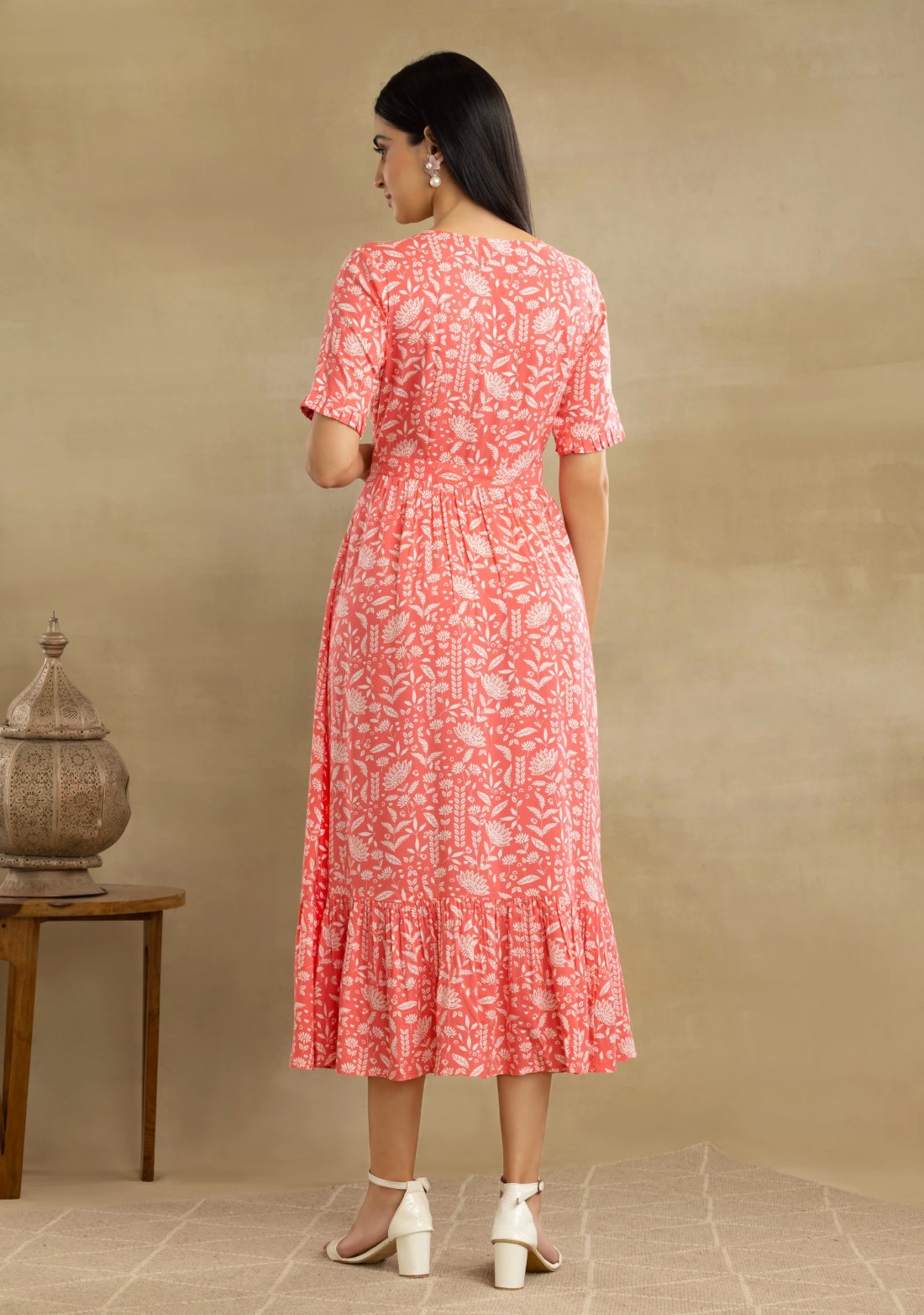 Printed Light Coral Gathered Rayon Dress