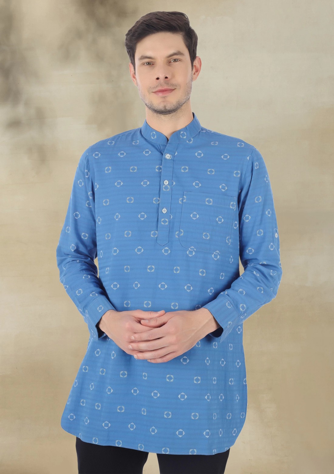 Blue Printed Cotton Men's Short Kurta