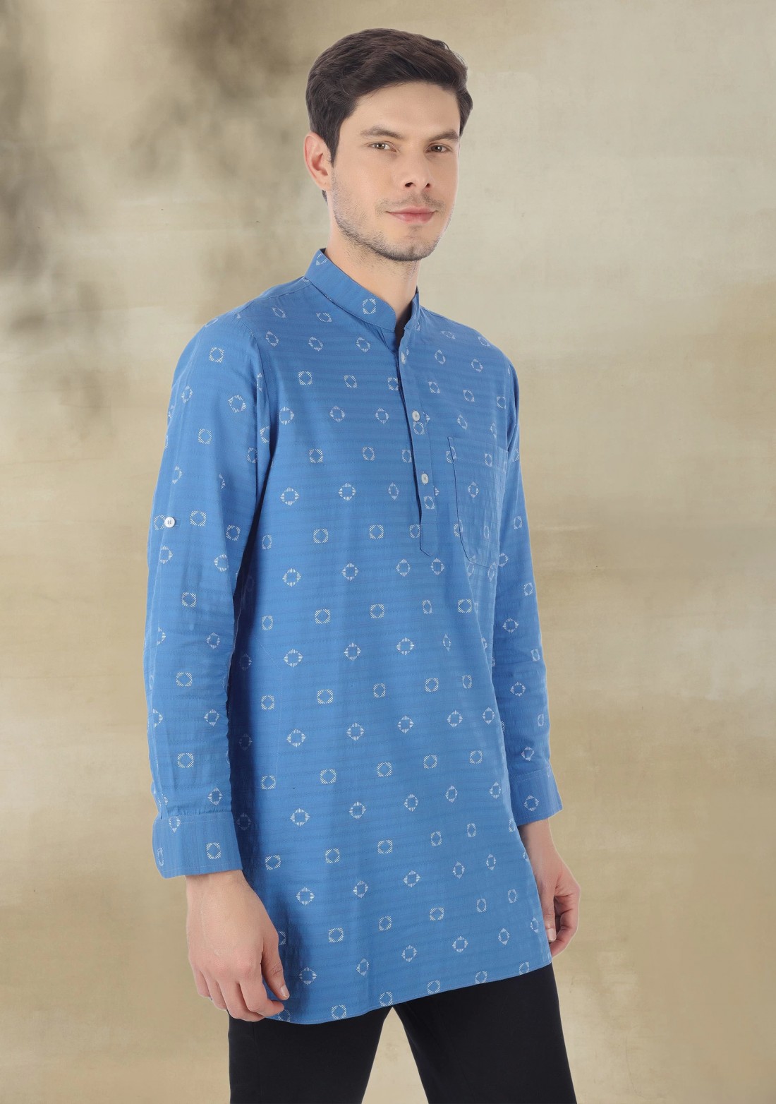 Blue Printed Cotton Men's Short Kurta