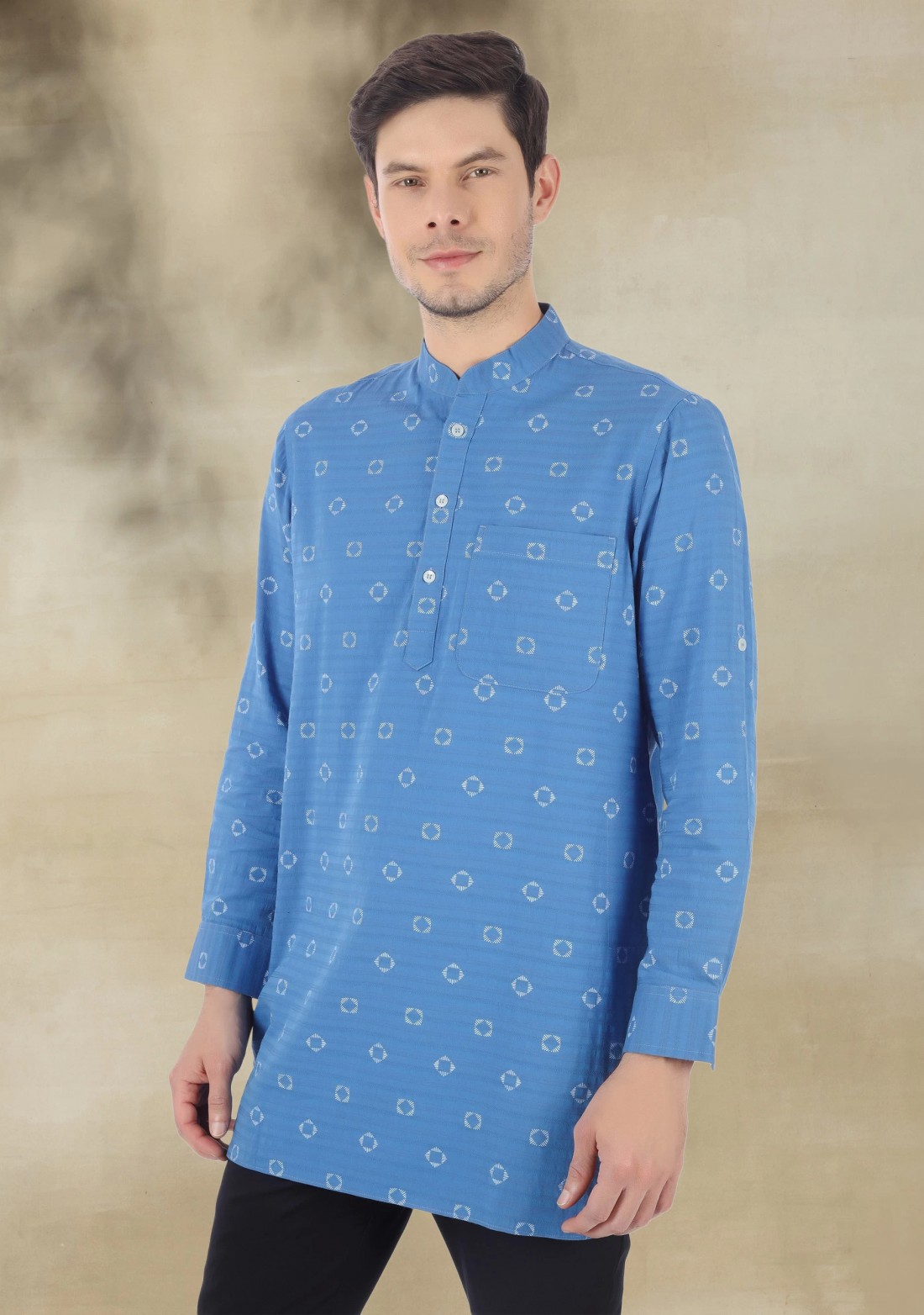 Blue Printed Cotton Men's Short Kurta