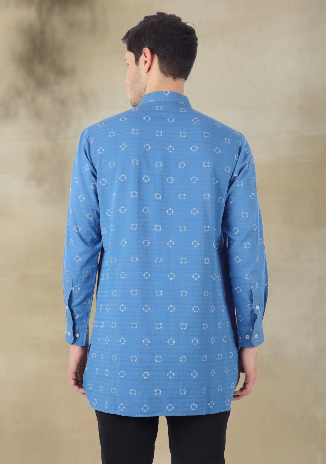 Blue Printed Cotton Men's Short Kurta