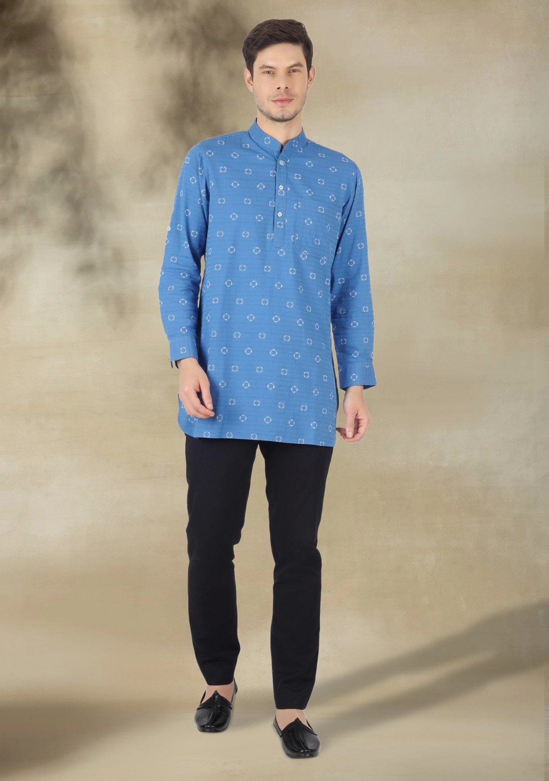 Blue Printed Cotton Men's Short Kurta