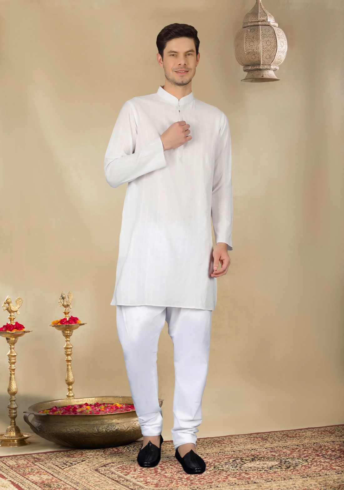 White Self Stripe Men's Regular Fit Cotton Kurta