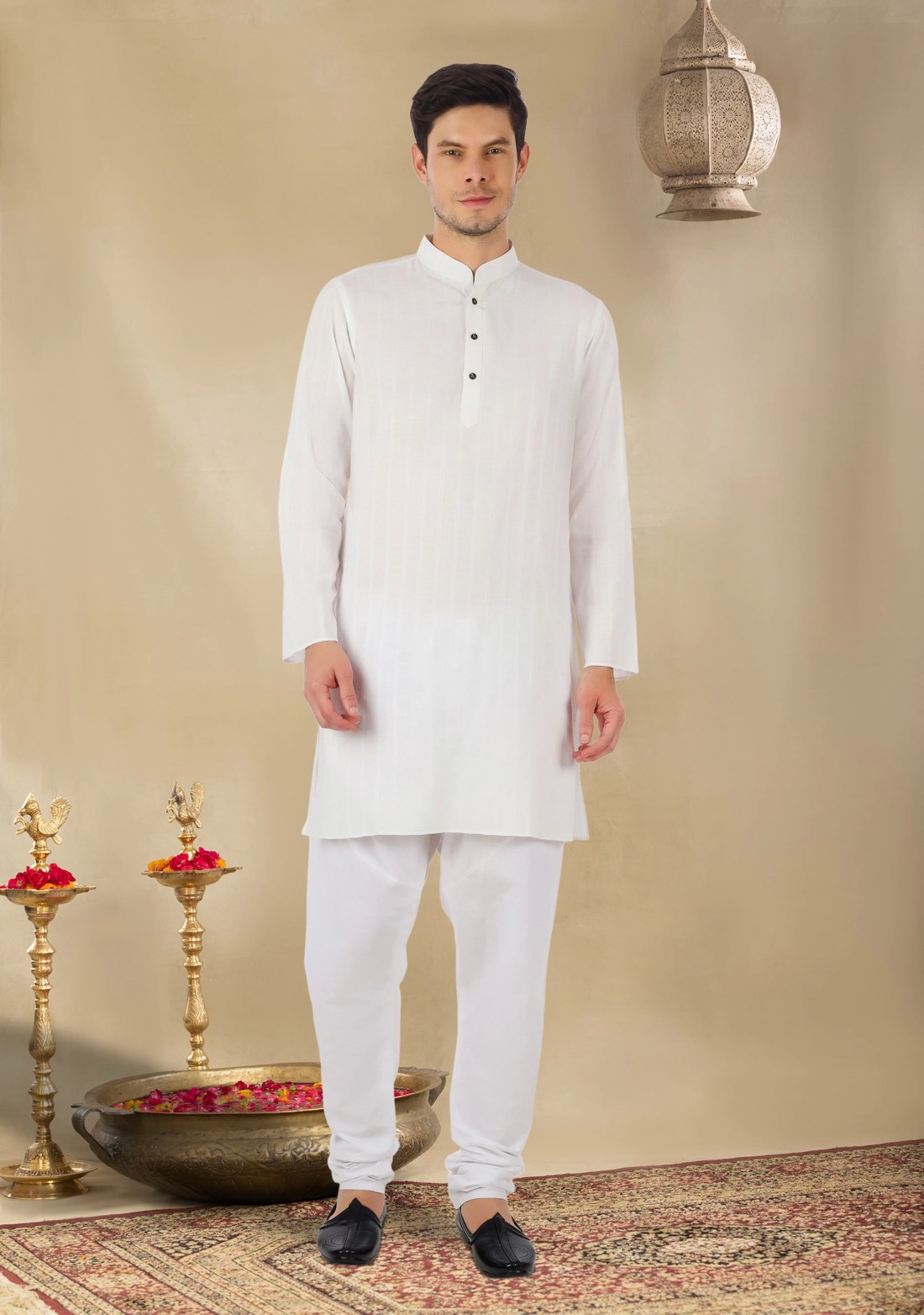 White Self Stripe Men's Regular Fit Cotton Kurta