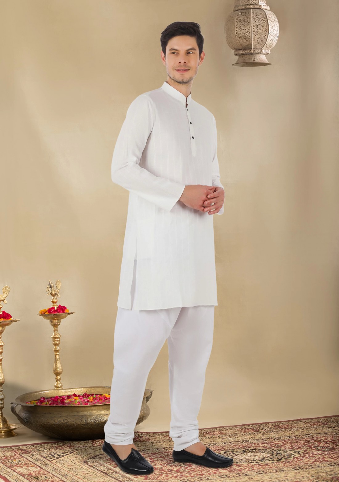 White Self Stripe Men's Regular Fit Cotton Kurta