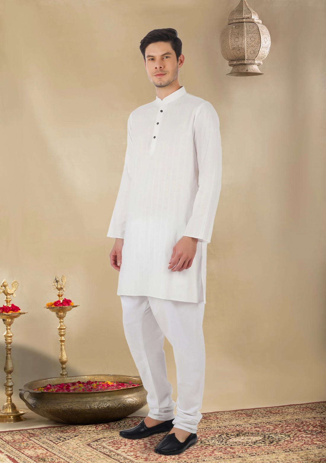 White Self Stripe Men's Regular Fit Cotton Kurta