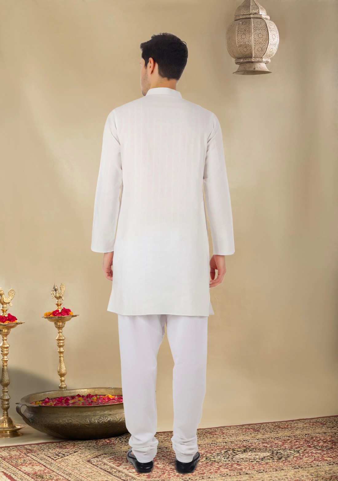 White Self Stripe Men's Regular Fit Cotton Kurta