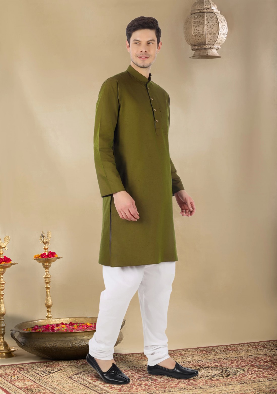 Dark Olive Men's Regular Fit Cotton Kurta