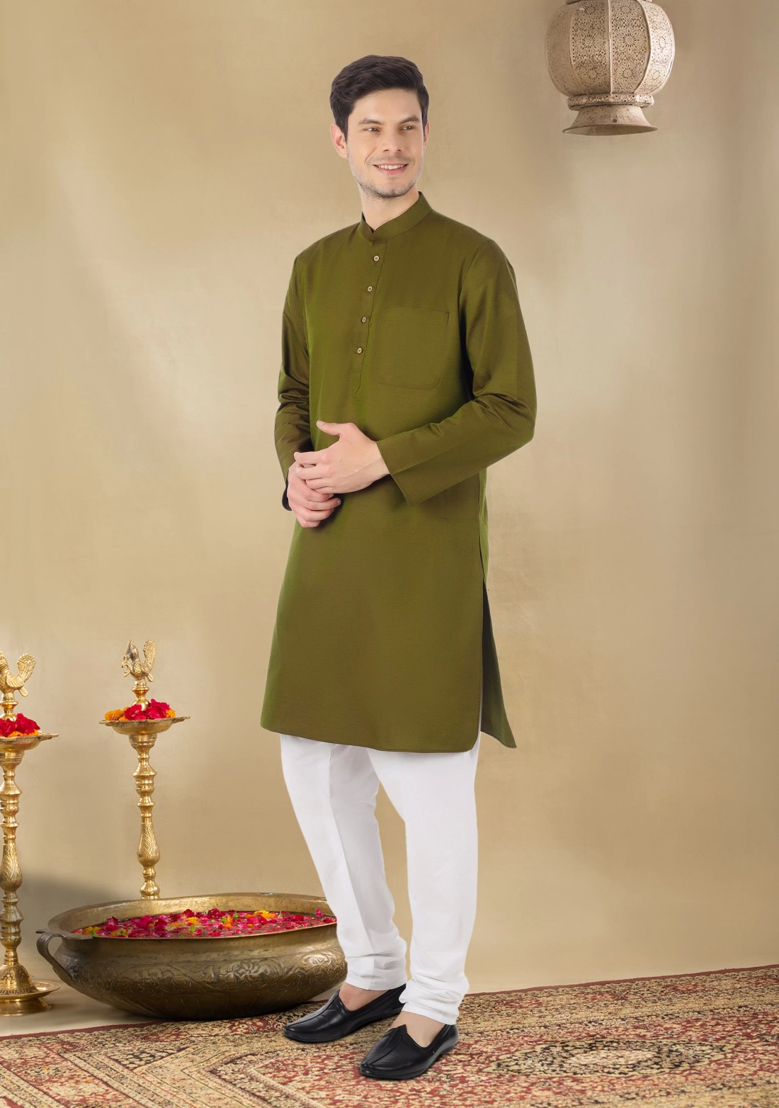 Dark Olive Men's Regular Fit Cotton Kurta