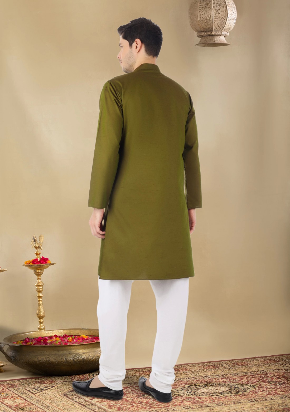 Dark Olive Men's Regular Fit Cotton Kurta