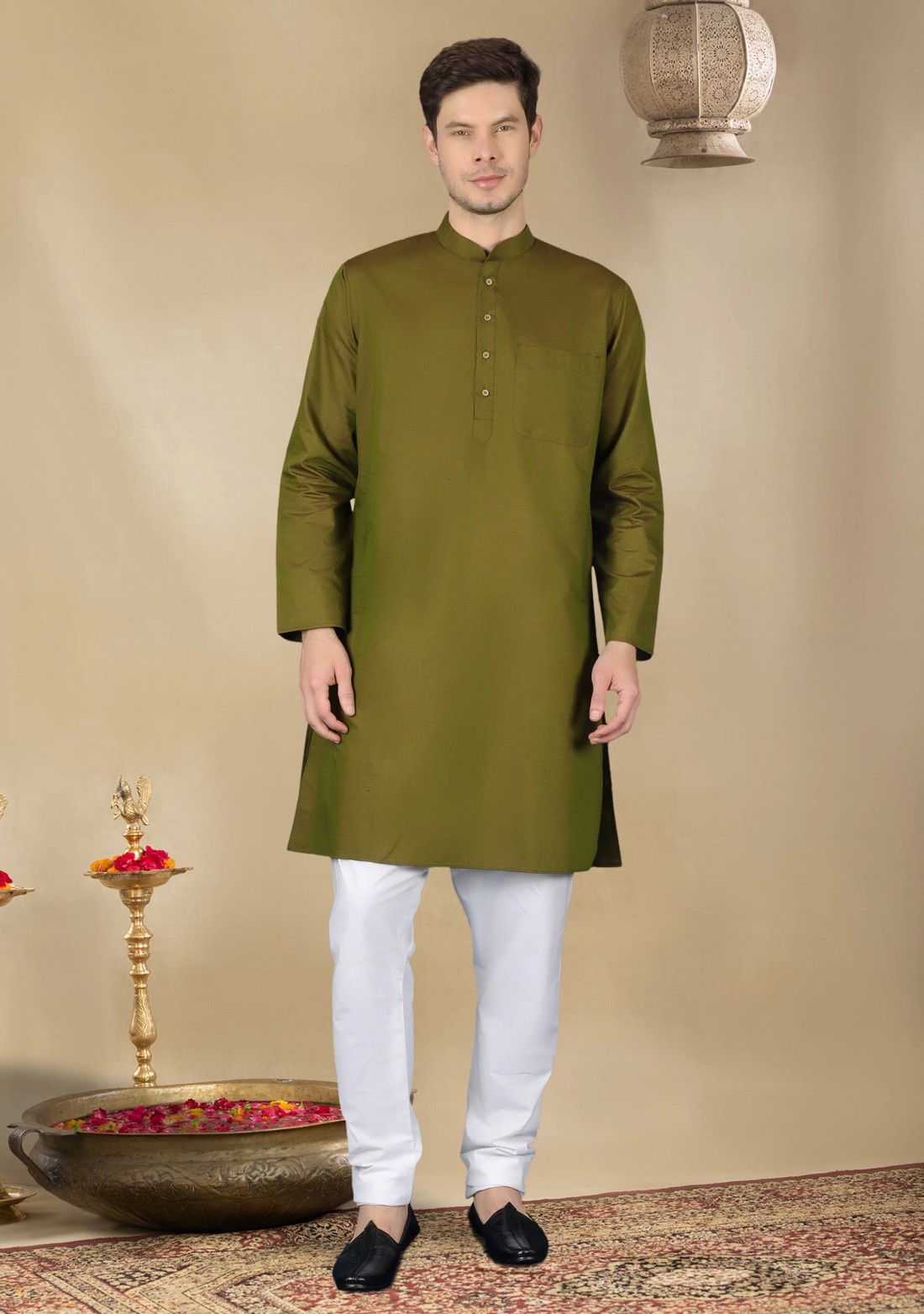 Dark Olive Men's Regular Fit Cotton Kurta