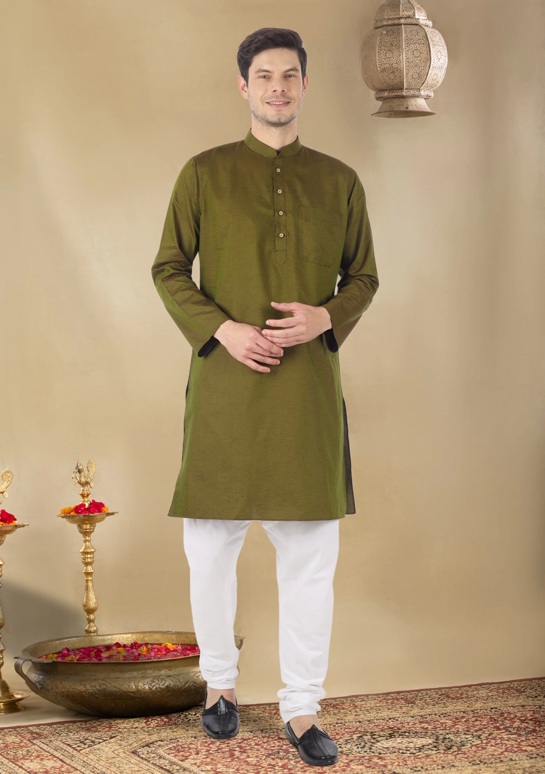 Dark Olive Men's Regular Fit Cotton Kurta