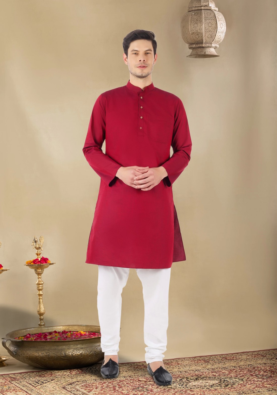 Maroon Colour Men's Regular Fit Cotton Kurta