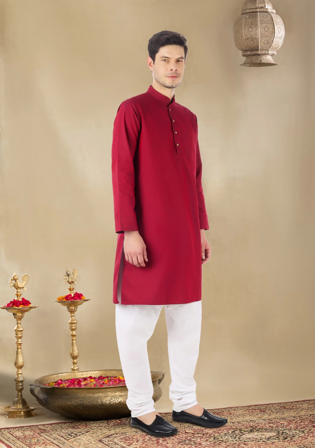 Maroon Colour Men's Regular Fit Cotton Kurta