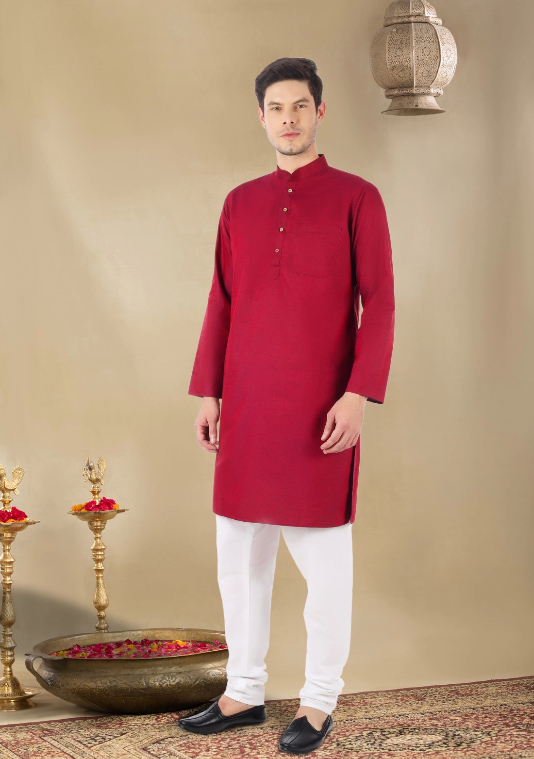 Maroon Colour Men's Regular Fit Cotton Kurta