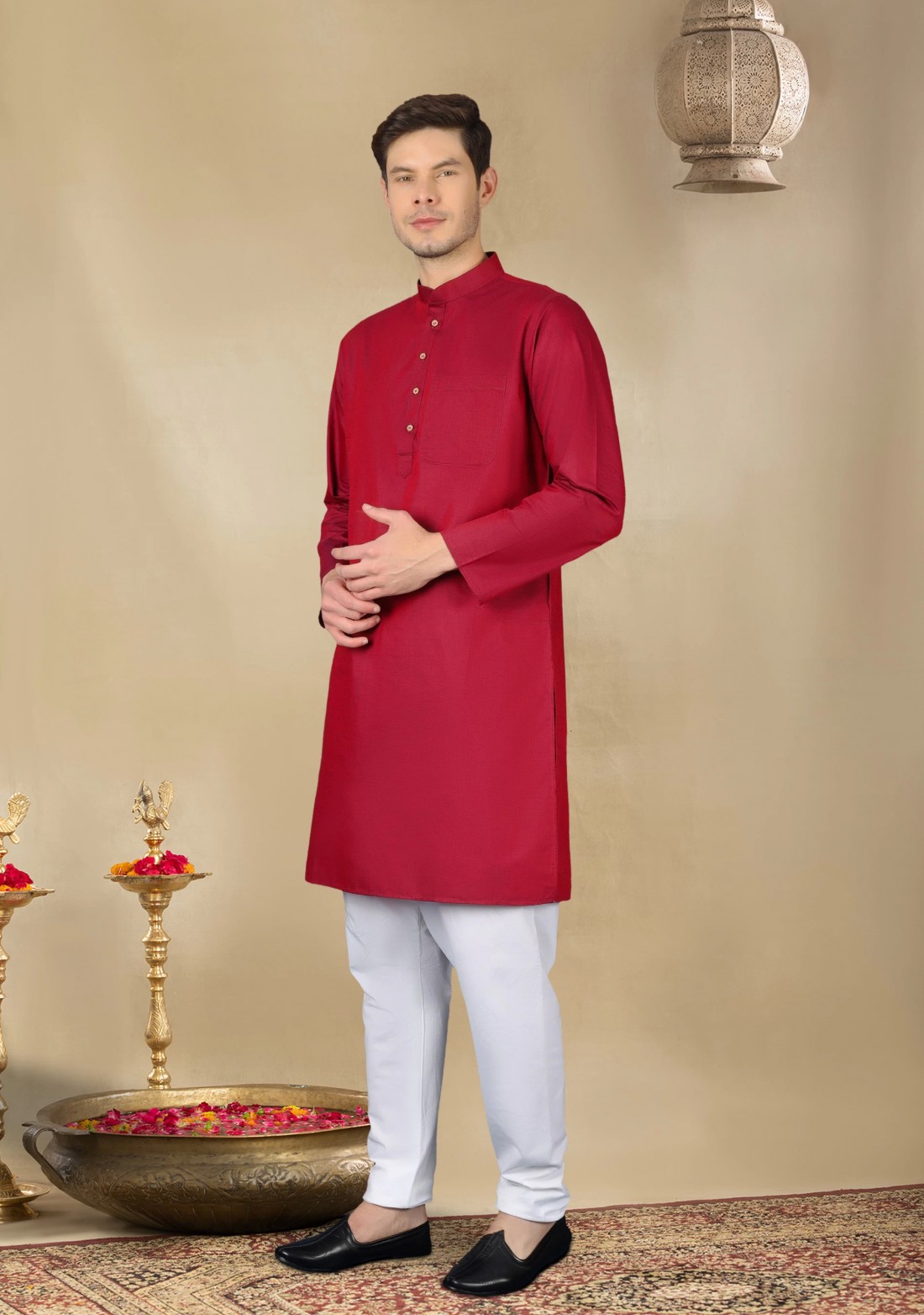 Maroon Colour Men's Regular Fit Cotton Kurta