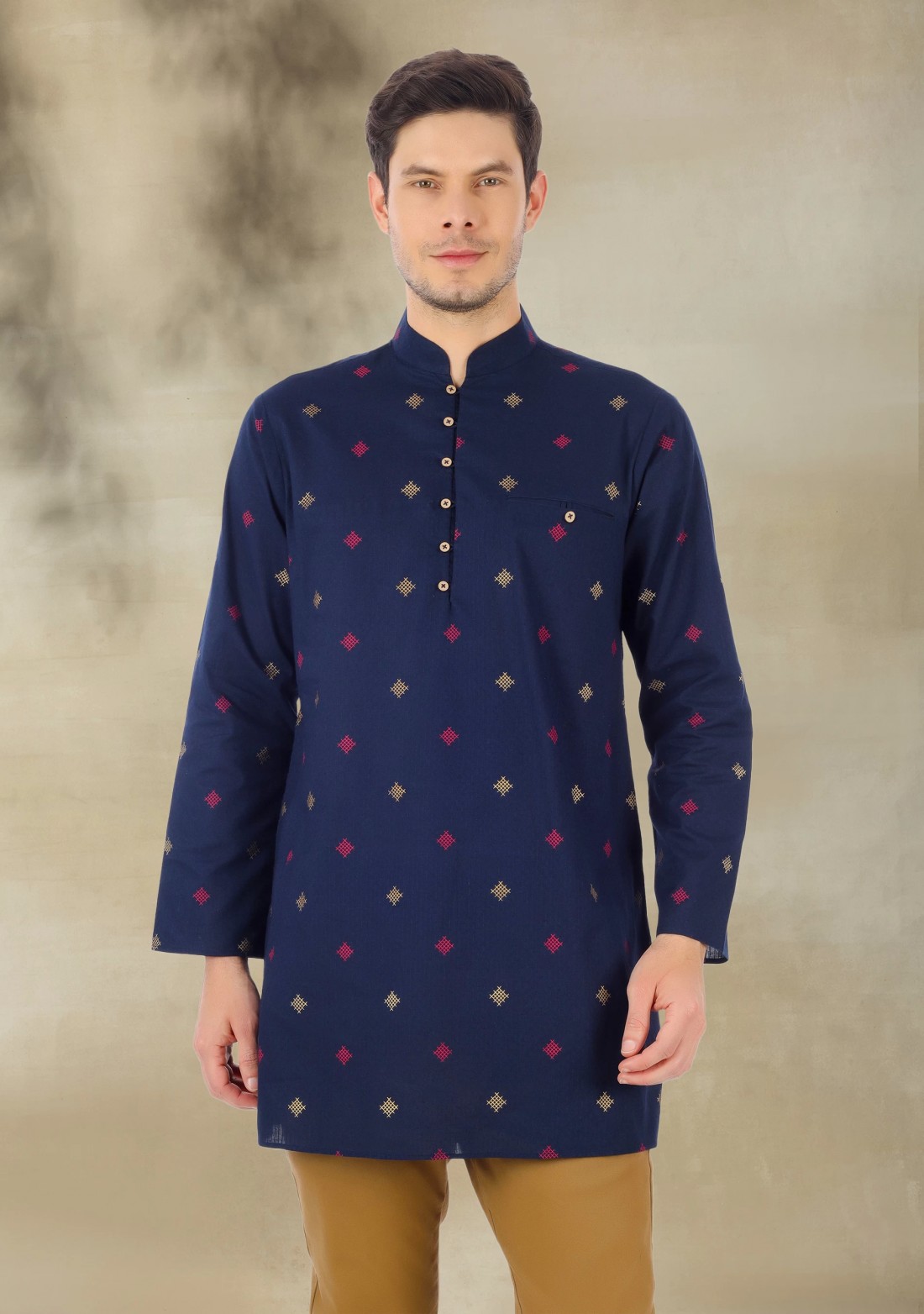 Navy Blue Printed Men's Cotton Regular Fit Kurta