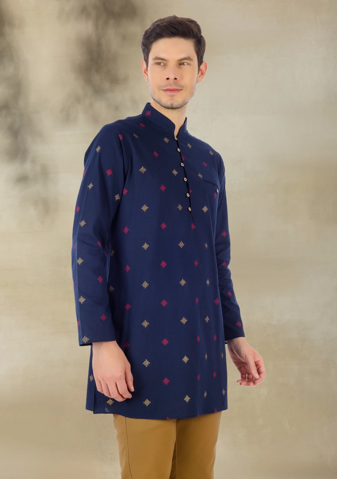 Navy Blue Printed Men's Cotton Regular Fit Kurta