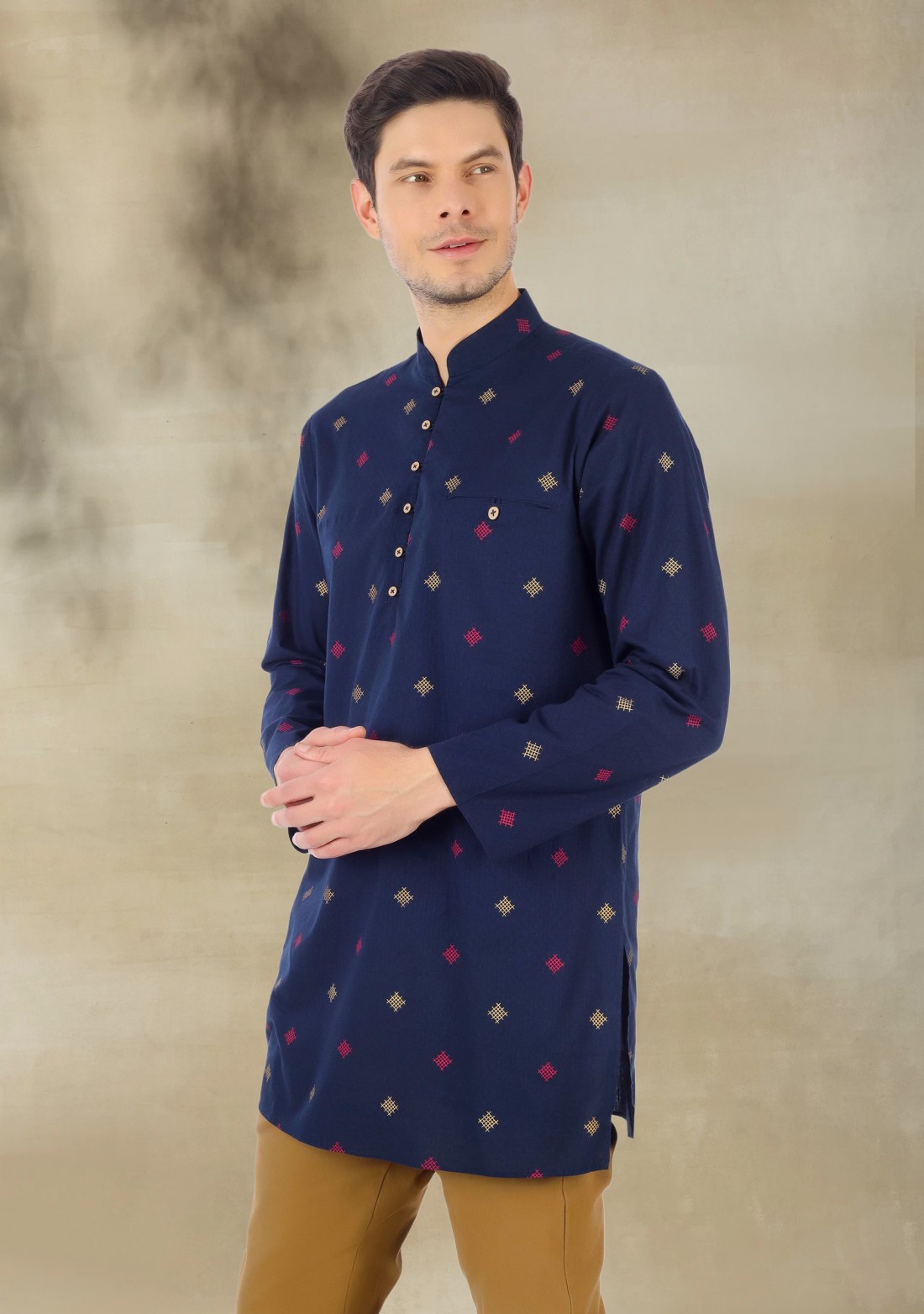 Navy Blue Printed Men's Cotton Regular Fit Kurta