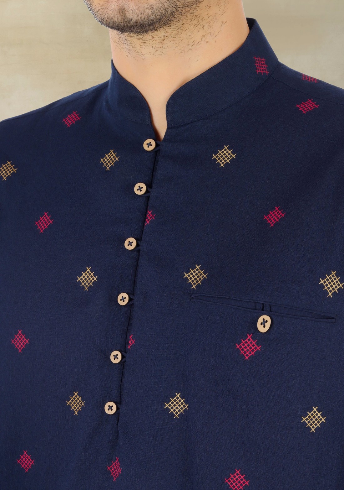 Navy Blue Printed Men's Cotton Regular Fit Kurta