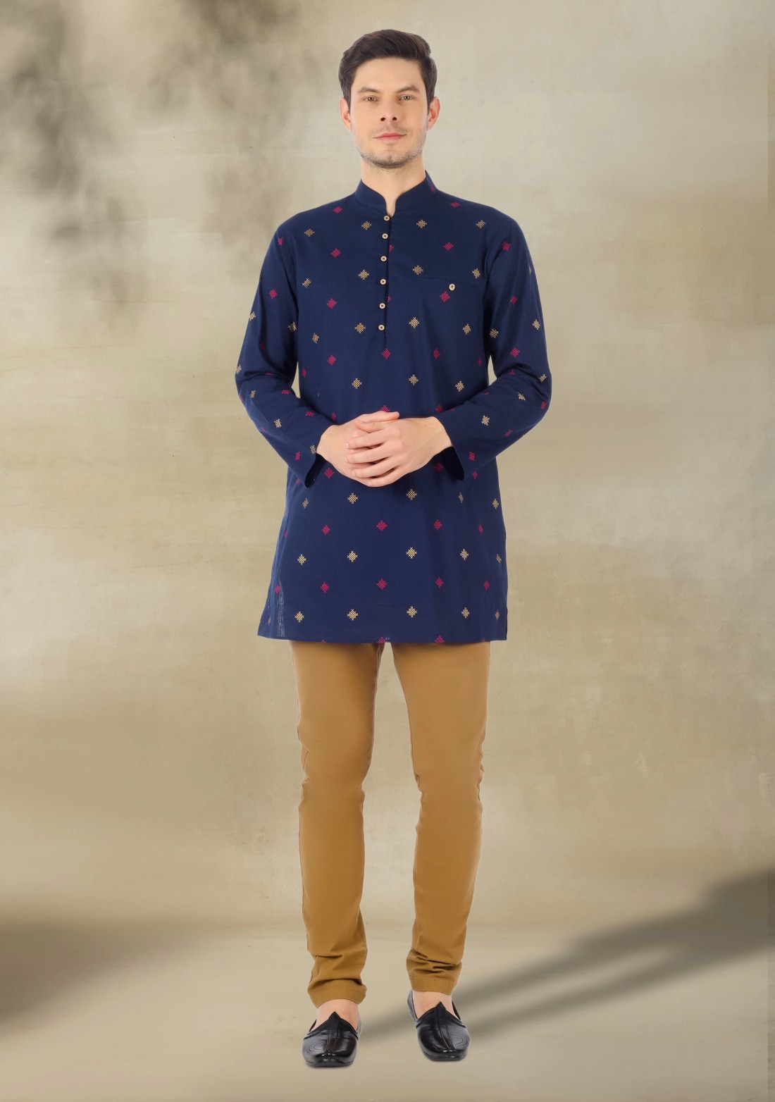 Navy Blue Printed Men's Cotton Regular Fit Kurta