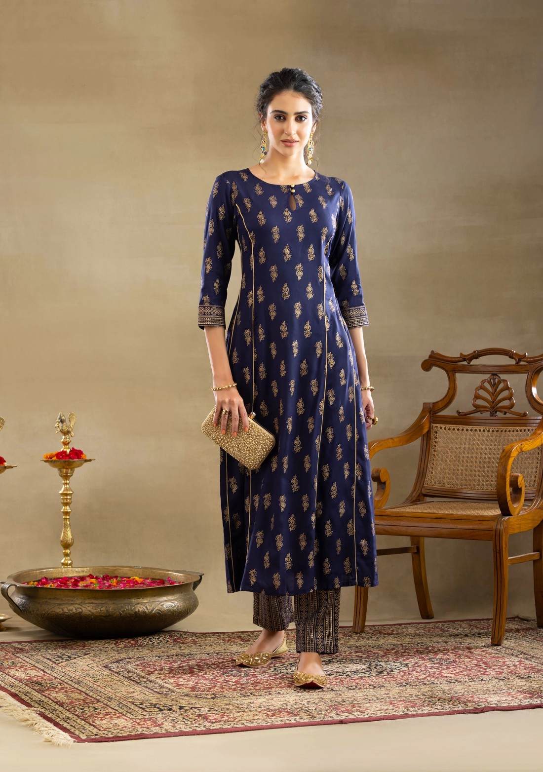 Dark Blue Gold Foil Print A-Line Kurta Pant Set