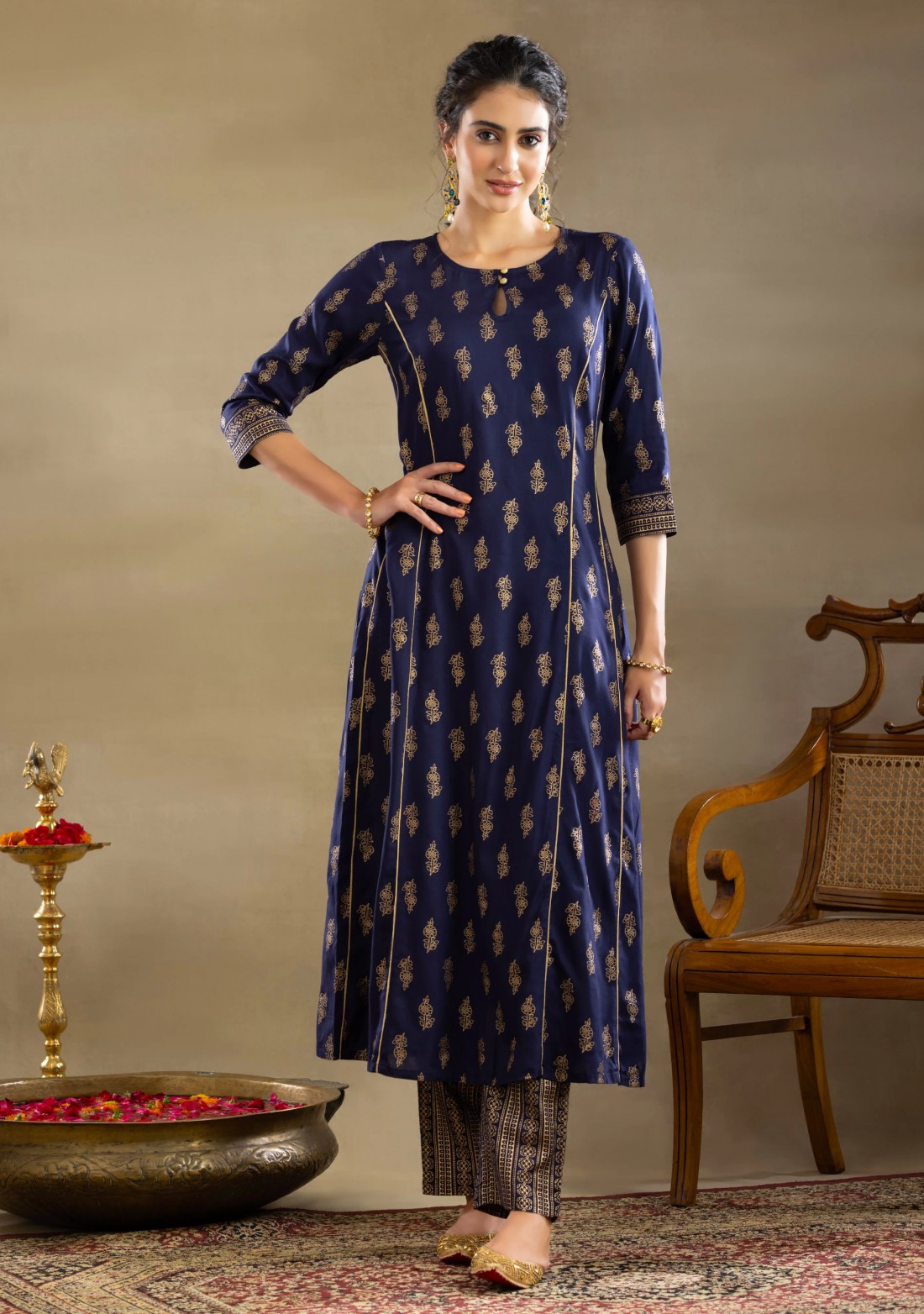 Dark Blue Gold Foil Print A-Line Kurta Pant Set