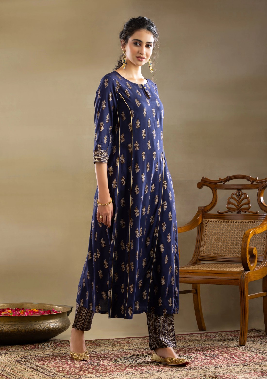 Dark Blue Gold Foil Print A-Line Kurta Pant Set