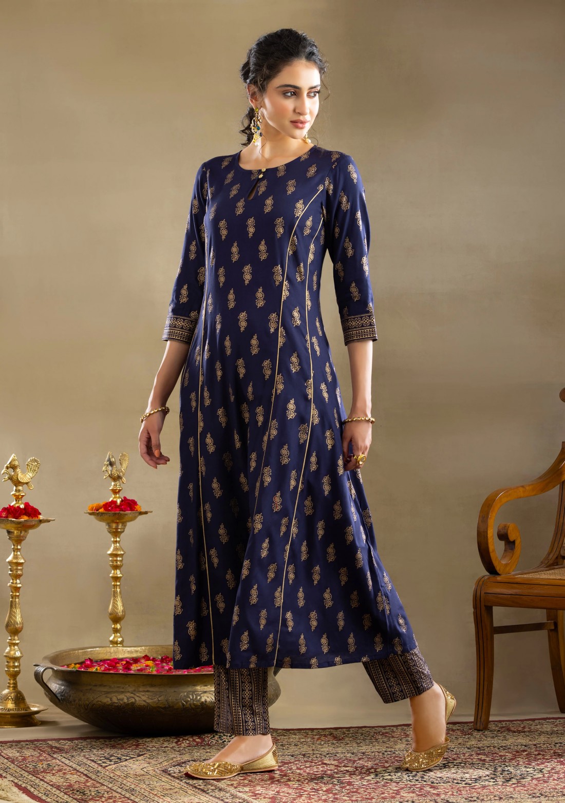 Dark Blue Gold Foil Print A-Line Kurta Pant Set