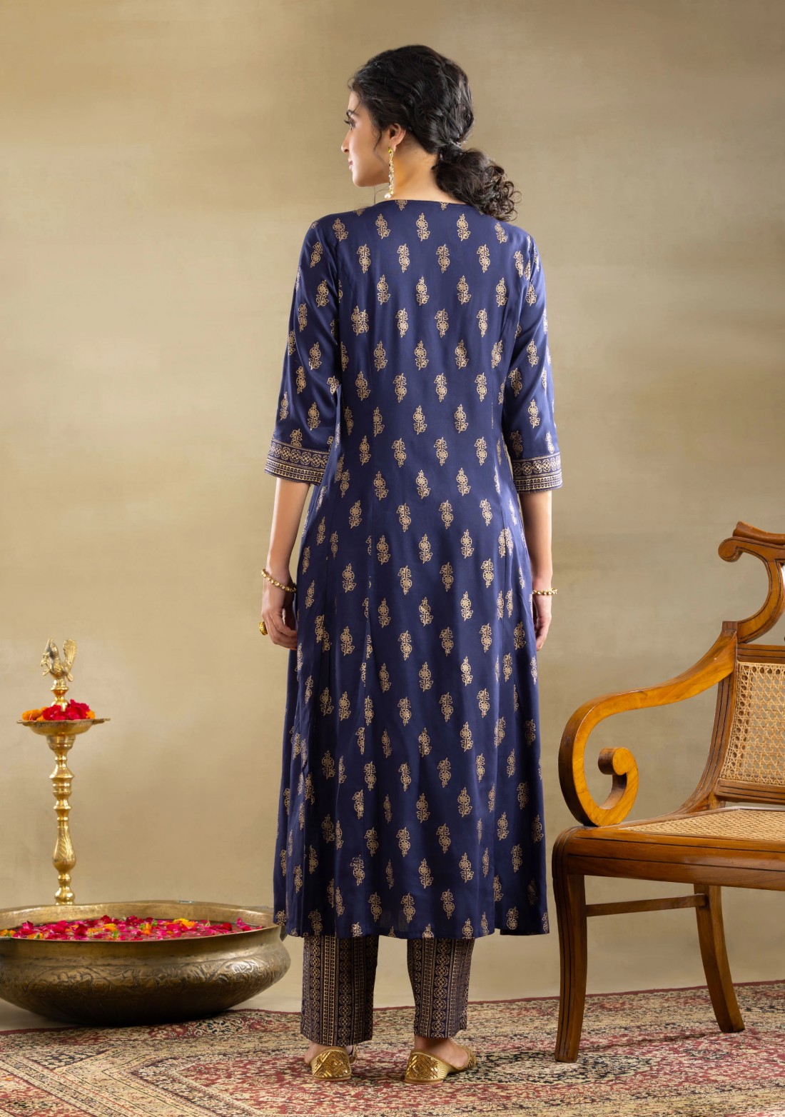 Dark Blue Gold Foil Print A-Line Kurta Pant Set