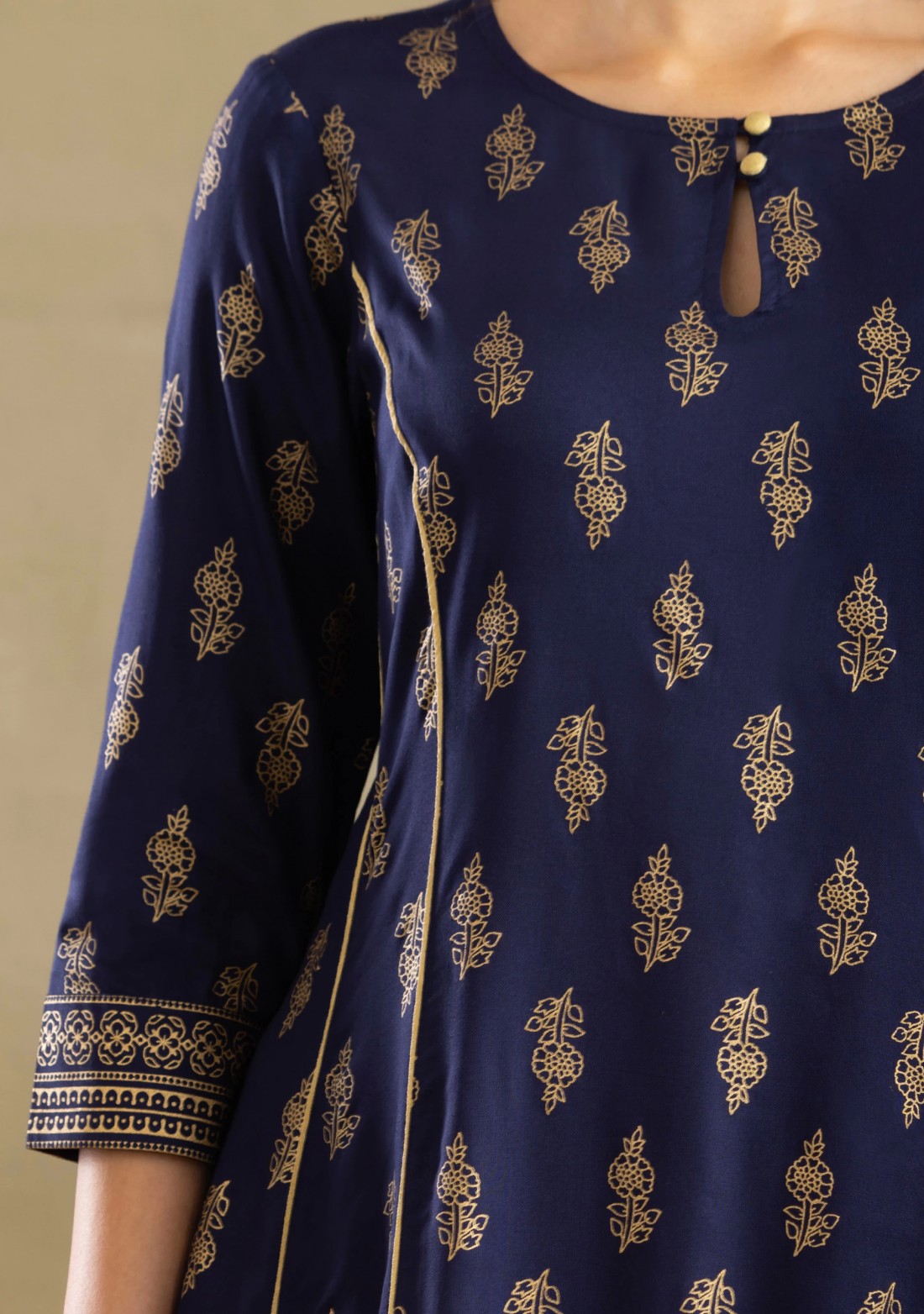 Dark Blue Gold Foil Print A-Line Kurta Pant Set