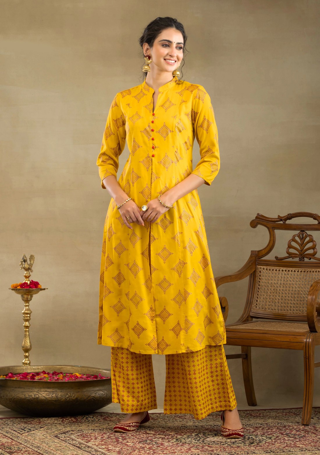 Yellow Block Print A-Line Kurta Palazzo Set